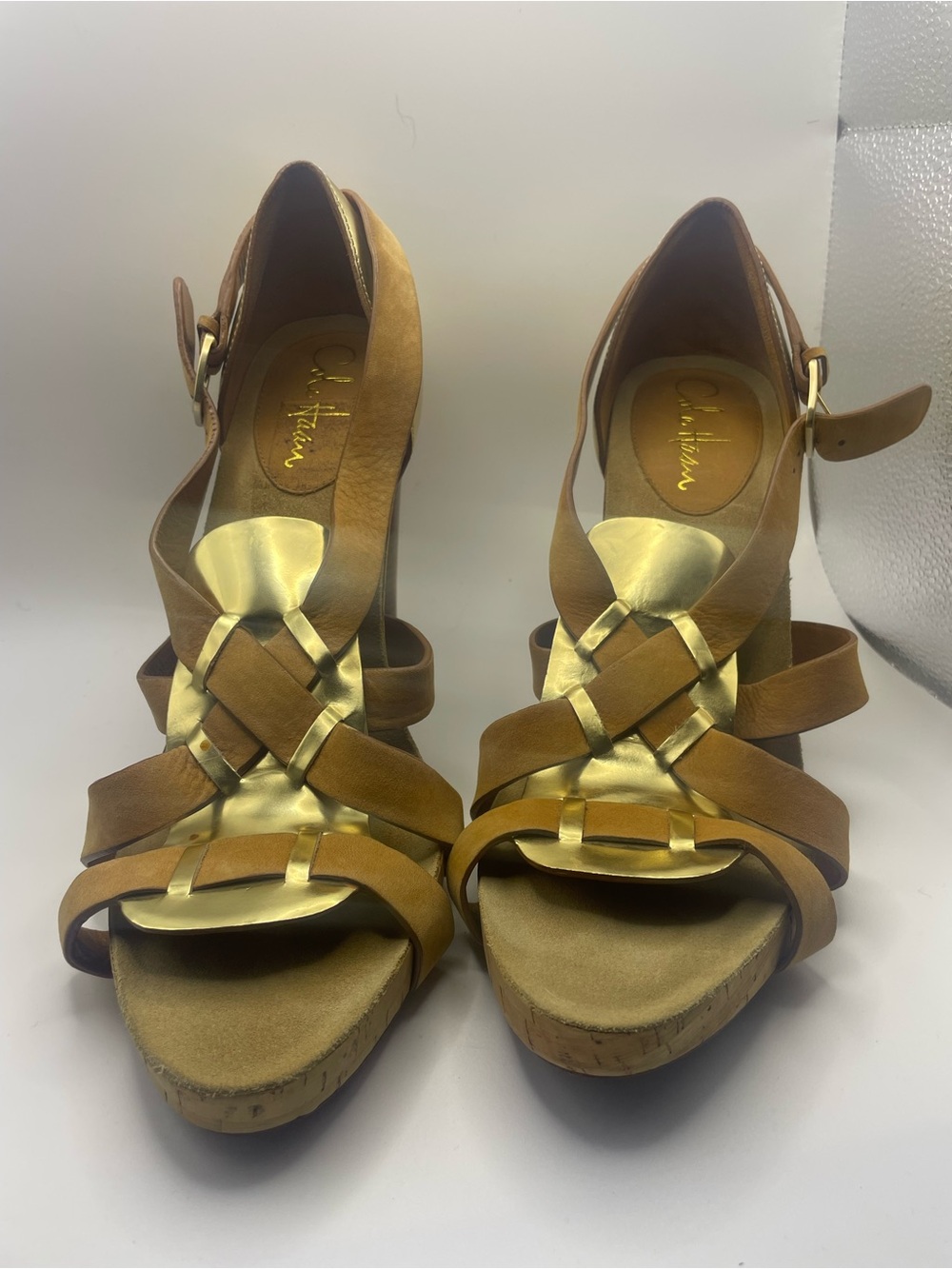 Cole Haan Tan‎ and Gold Strappy Heeled Sandals